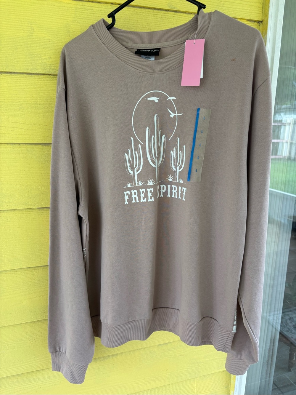 Modern Lux Taupe Crewneck with White Cactus Graphic and 'Free Spirit' Text